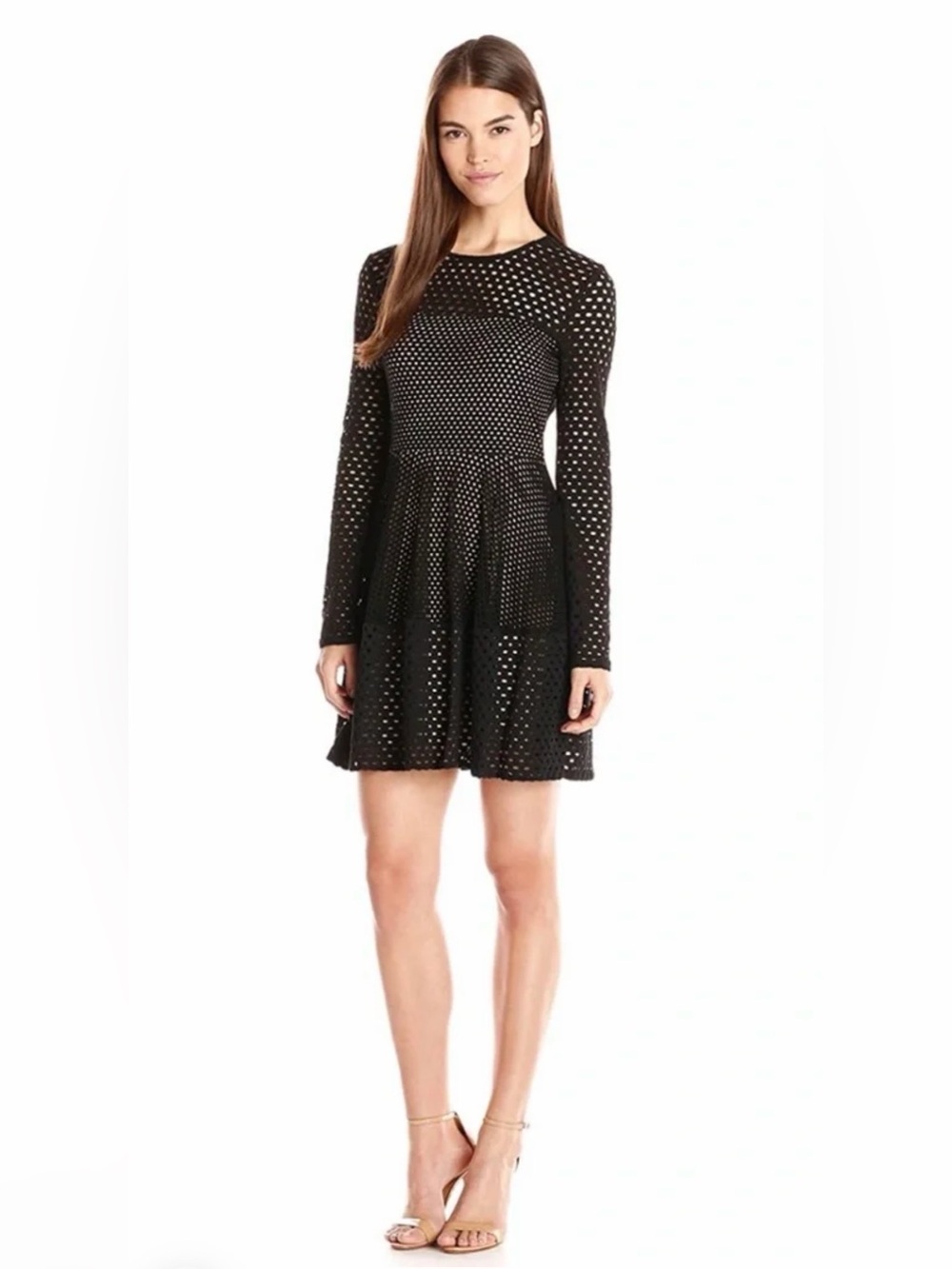 NWT BCBGMAXAZRIA "Kyla" Long Sleeve Black Eyelet Skater Dress (M)